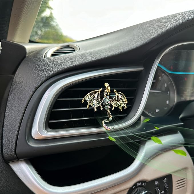 Dragon Car Accessories 2pcs Bling Dragon Car Air Freshener Vent Clips Cute Alloy Dark Green Enamel Wyvern Vent Clip Decorations Refillable Essential Oil Diffuser