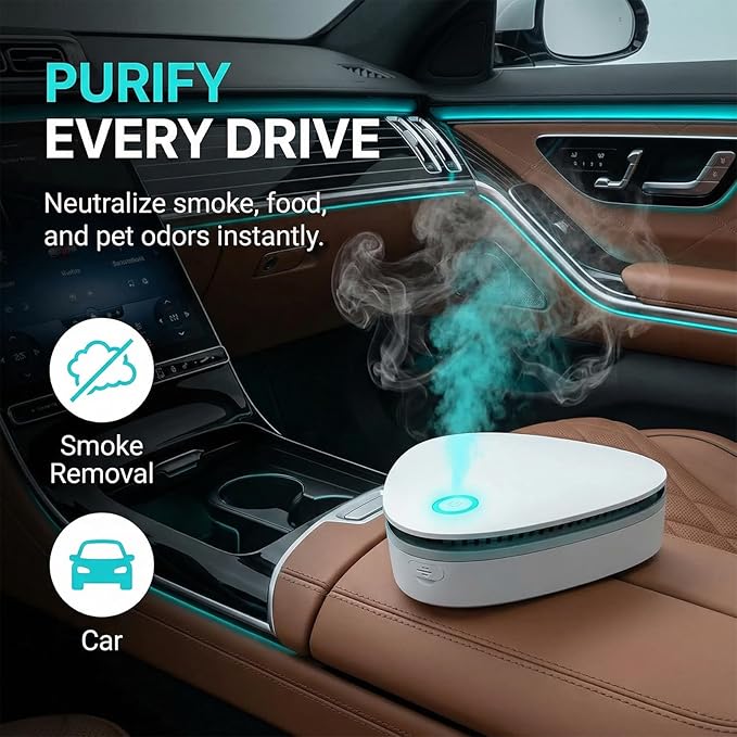 Portable Odor Remover Machine, Odor Remover Machine for Smoke Smell, Rechargeable 1800mAh Mini Deodorizing Machine for Car, Closet, Refrigerator, Shoe Cabinet, Office & Small Spaces (White)