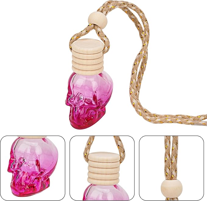 Skull Car Air Freshener, Hanging Refillable Diffuser Bottles for Essential Oils, Perfume Pendant for Auto Interior Decor & Aromatherapy (6Pcs Rose Red)