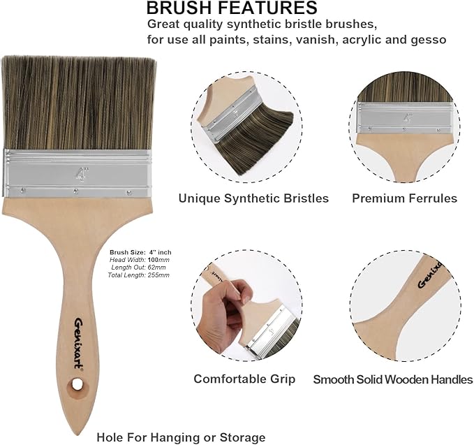 Double Thick Chip Paint Brush, 6 Pack, 4 inch / 100mm Stain Brushes for Painting Walls and Fence Staining, Wooden Handle Masonry Paintbrush for Varnish, Paste, Gesso and Limewash
