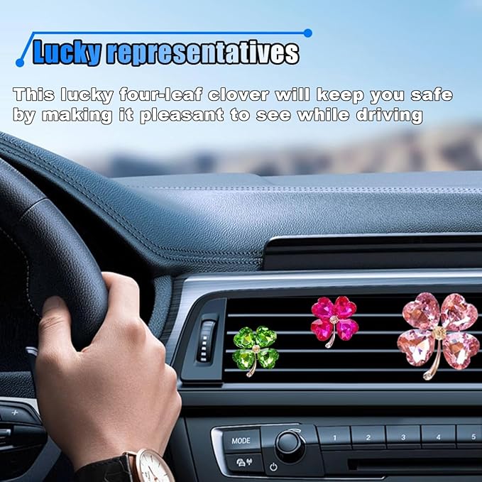 3PCS Bling Four Leaf Clover Car Dashboard Air Vent Trim Clips, Crystal Rhinestone Auto Air Fresheners Outlet Clips, Cute Car Interior AC Decoration Accessories for Women (Big Pink/Small Rose & Green)