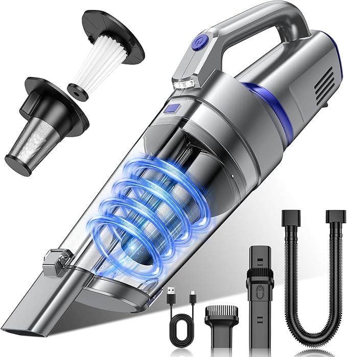 Handheld Vacuum Cordless, 16000PA Strong Suction Hand Held Car Vacuum Cleaner, Portable Hand Vacuum Rechargeable with Multi-Nozzles & LED Light for Home, Car, Office, Pets