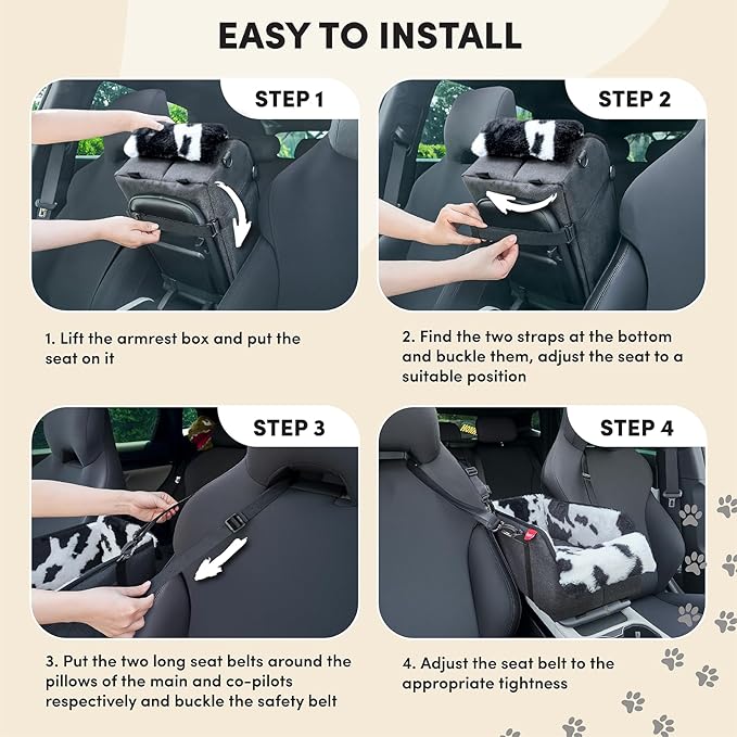 BurgeonNest Center Console Small Dog Car Seat - Portable Pet Cat Puppy Booster Armrest Carseat Up to 11lbs, Anti-Collapse Comfort Car Travel with Washable Fluffy Cushion and Pillow, Milk Cow