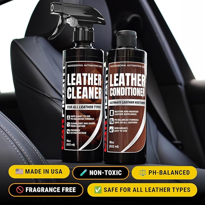 Car Leather Cleaner and Conditioner - pH Neutral, Non-Toxic & Non-Greasy - Gently Cleans, Restores and Protects Leather Seats and Interior - Safe for Leather Furniture, Couch & Sofa - 36 fl. Oz. Kit