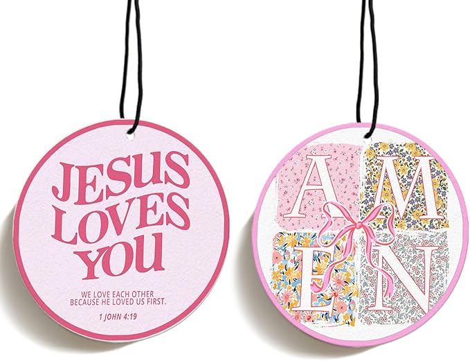 Pink Christian Car Air Freshener Hanging 2Pcs, Bible Verse Religious Car Accessories Interior, Jesus Love You Bows Coquette Cars Rear View Mirror Church Gifts for Women Girls (Black I)