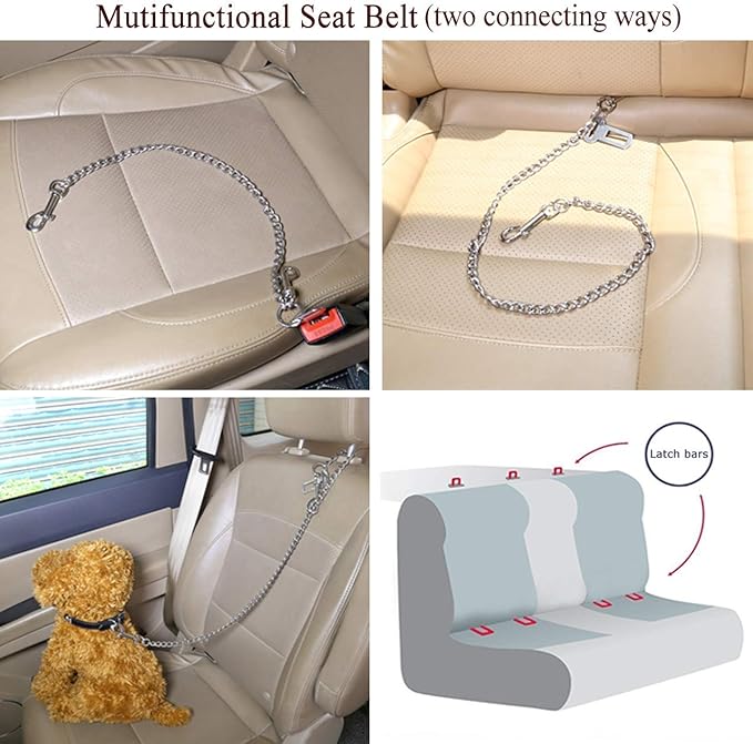 Mogoko Stainless Steel No chew Dog Car Seat Belt, Pet Vehicle Safety Restraint Cable, Heavy Duty Big Canine Dog Car Leash Strap with Double Clip and Latch Attachment-20 Inch