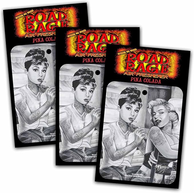 Road Rage Air Freshener - Pina Colada Scent - Audrey & Marilyn Tattoo - 3 Pack