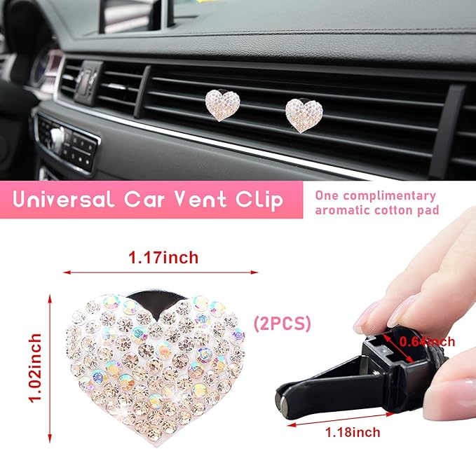 Ziciner 2PCS Bling Heart Car Air Vent Clips Charms, Heart Shaped Crystal Car Air Freshener Vent Clips, Rhinestone Air Conditioning Outlet Clip, Vehicle Decor Accessories for Women Girls (White)