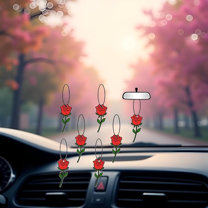6 Pcs Rose Car Air Fresheners, Funny Rose Hanging Car Air Fresheners Long Lasting Cute Car Mirror Scented Hanging Car Decoration Ornaments Gift Interior Accessories for Men Women