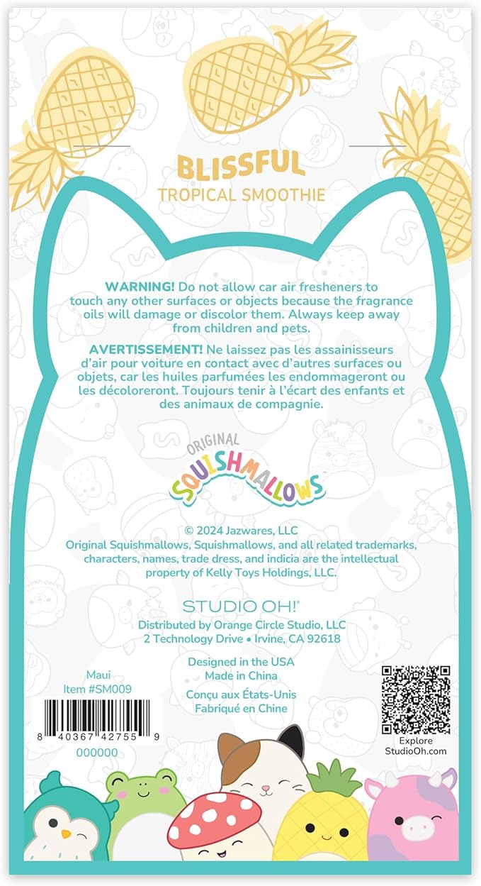 Studio Oh! x Squishmallow Maui Car Air Fresheners, Pack of 2 Scented Hanging Car Air Freshener, Sweet Tropical Fruits, Ripe Citrus, and Creamy Vanilla - Blissful Tropical Smoothie
