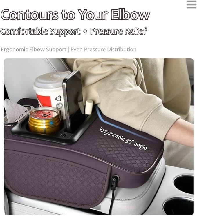 2026 Enhanced Car Center Console Armrest Cushion with USB& Type-C Charging, PU Leather Console Pad with Cup Holders, Storage& Tissue Outlet for Most Vehicles (Sloped Version, Black-Red line)