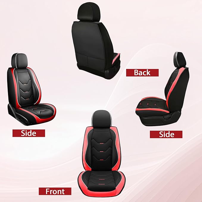 otoez Car Seat Covers Full Set, 5 Seats Leather Seat Cover for Car, Black Automotive Front and Back Seat Cushion Protector Waterproof and Non-Slip for Most Sedens Trucks SUVs, Black & Red