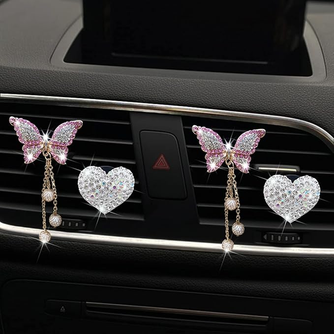 Bling Butterfly Heart Air Vent Clips, 4 Pcs Pink Car Air Fresheners, Diffuser With Diamond Decoration, Cute Interior Decor Accessories for Women