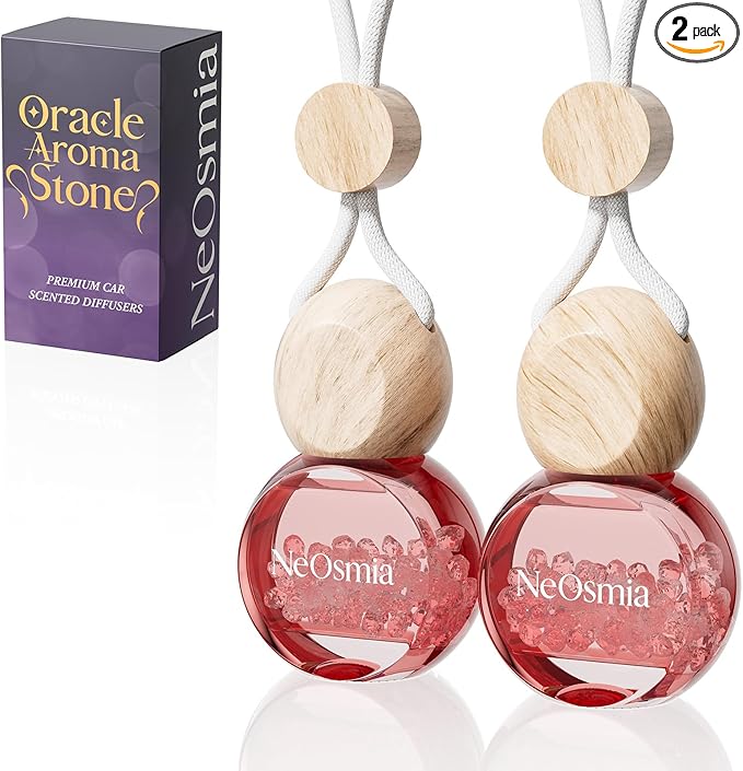 Hanging Car Air Freshener, 2 Pack Glass Car Scent Decor with Decorative Crystals, 6 Scents, Oud Wood, Long-Lasting Fragrance, Budget Friendly