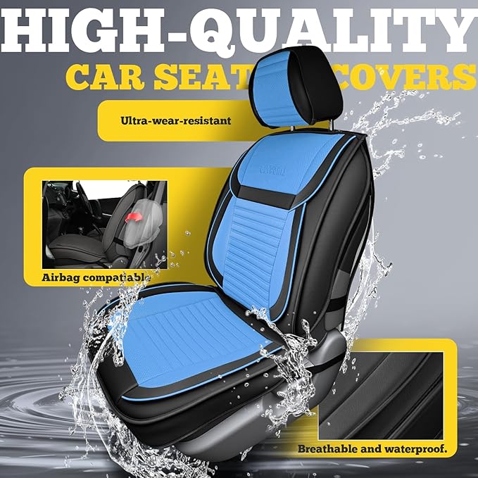 LINGVIDO Front Car Seat Covers, Faux Nappa Leather, Airbag Compatible and Waterproof Protectors for Sedans SUVs, Breathable Anti-Slip Interior for Commuters and Rideshare, Black/Light Blue
