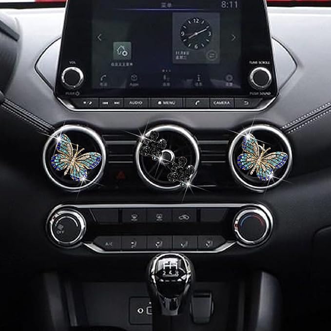 4 Pcs Blue Bling Butterfly and Black Daisy Car Air Fresheners Vent Clips Diffuser Vent Clip Rhinestone Diamond Decoration Car Interior Decor Cute Accessories for Women, Automotive Air Fresheners