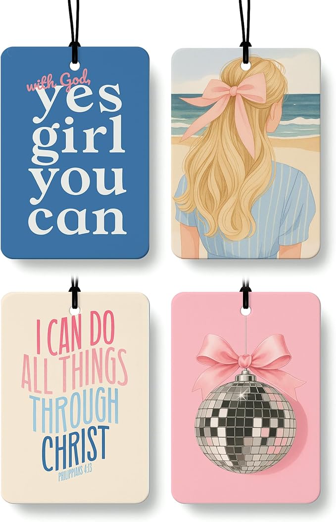 Girly Christian Cologne Car Air Freshener 4 Pcs, Coquette Pink Bow Disco Ball Beach Hanging Air Freshener for Cars Bathroom Dorm Books Decor, Christian Accessories Gifts for Women Girls