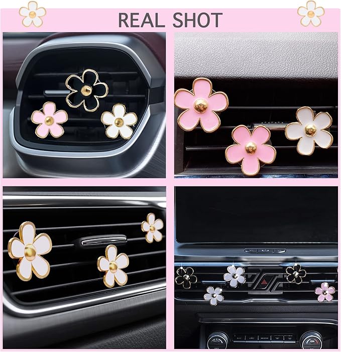 6pcs Car Air Freshener Perfume Clip, Daisy Flower Car Decoration Automotive Dashboard Outlet Air Vent Clip Decor Charm Interior Accessories for Girls Women(3 cm, 3.3 cm, Black, Pink, White)