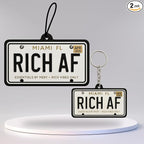 New Car Scent Air Freshener & Keychain Bundle – Rich AF License Plate Hanging Car Accessory, Funny Gift for Motivation & Positive Energy (Rich AF – New Car)