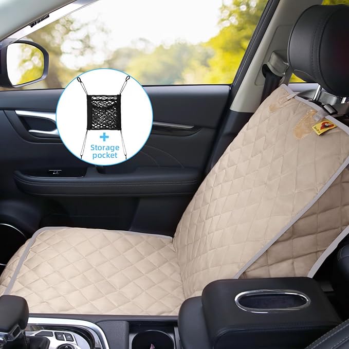 Deluxe Dog Seat Cover for Front Seat-More Durable Waterproof Front Seat Protector, High Heat Resistant and Nonslip Front Seat Cover for Dogs Kids, Universal Size (Beige)