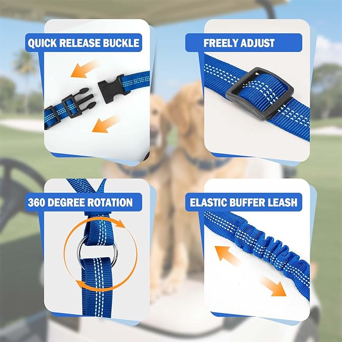 Dog Seat Belt Tether for Golf Cart, Adjustable Golf Dog Collar Leash for Car, Pet Dog Seat Belt Harness for Golf Cart Pet Safety Protection to Prevent Accidental Injury (Blue)