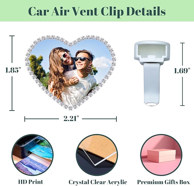 Personalized Car Air Freshener with Photo – Custom Rhinestone Vent Clip & Heart-Shaped Acrylic Picture Frame for Car Interior Decoration Accessories (White, One Size)