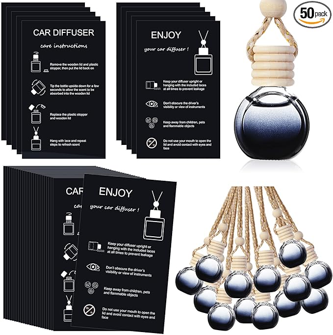Boao 50 Sets Hanging Car Air Freshener Diffuser Bottles with 2 x 3.54 Inch Car Diffuser Instructions Cards for Empty Essential Oil Bottles(Black Card,Black Round)