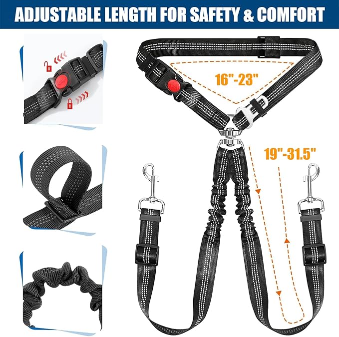 Double Dog Seat Belt for Car, Adjustable Headrest Restraint Safety Seatbelt with Reflective Bungee & Tangle-Free Swivel, No-Pull Split Leash for Vehicle Travel & Walking 2 Dogs, Black