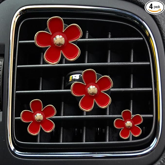 4PCS Daisy Flower Air Vent Clip Air Conditioning Outlet Clip Car Air Freshener Clip Car Interior Decor Charm Colorful Car Interior Accessories for Girls Women(Red)
