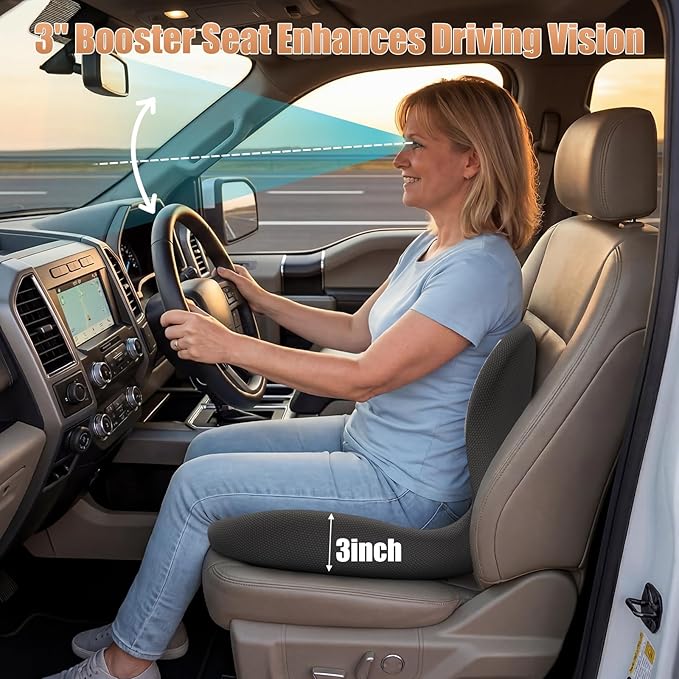 Car Seat Cushion with Lumbar Support for Long Driving Truck RV, 3" Lift Breathable Ergonomic Memory Foam Cushion for Hip, Coccyx, Sciatica, Tailbone & Lower Back Support Vehicles Office Chair (White)