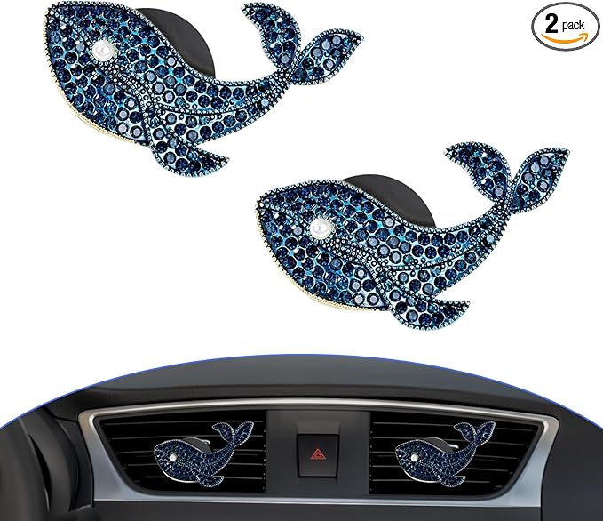 Beach Car Decor,Bling Whale Car Air Freshener Vent Clips,Glamour Dark Blue Cetacean Ocean Themed Vehicle Dashboard Accessories,Refillable Diffuser