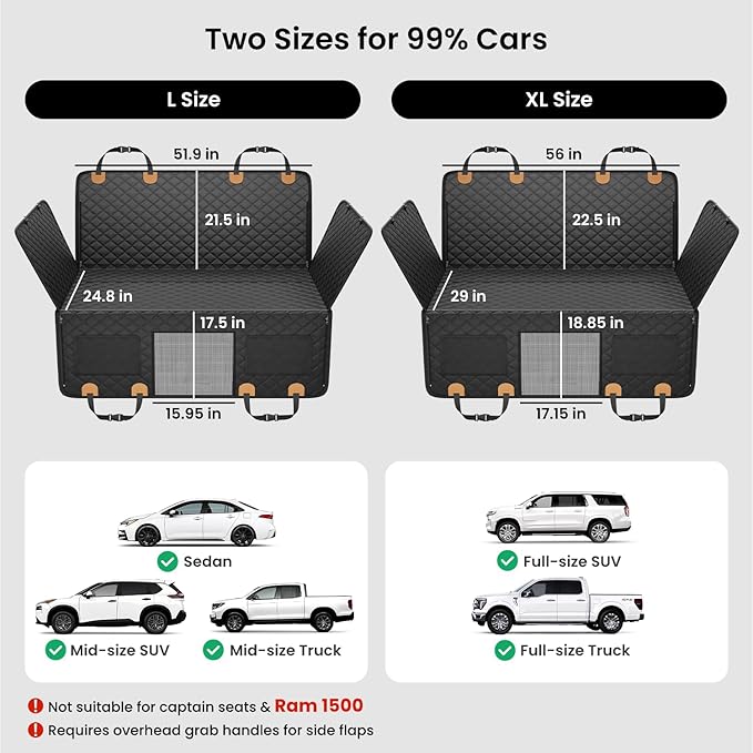 REEVAA Dog Truck Seat Cover for Back Seat, Hard Bottom Dog Hammock for Car, Pet Bed Extender for 2-4 Large Dogs, Waterproof Seat Protector, Universal XL Size Fits for Crew Cab Truck/SUV, Black+Orange