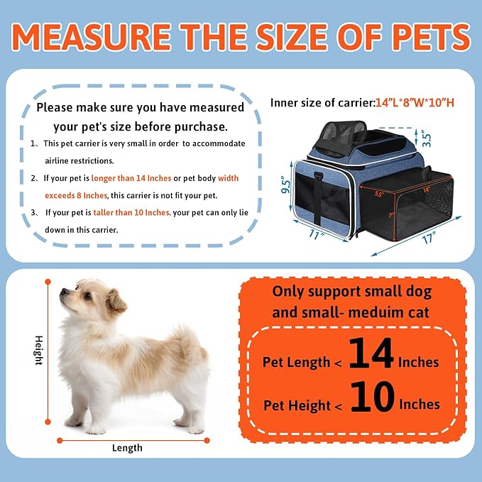 Petskd Top and Side Expandable Pet Carrier with Wheels 17x11x9.5 Inches Alaska Airline Approved, Soft-Sided Carrier for Small Cats and Dogs with Locking Safety Zippers and Anti-Scratch Mesh(Blue)