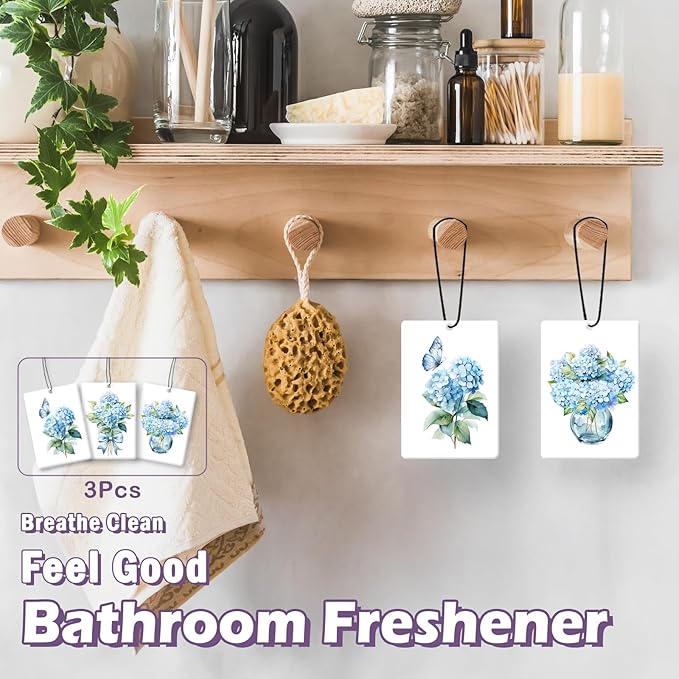 Blue Hydrangea Flower Car Air Freshener Accessories 3pcs, Floral Farmhouse Hanging Air Fresheners Decor for Girly Room Closet Bathroom, Watercolor Car Scent Fragrance Card for Women Drawer