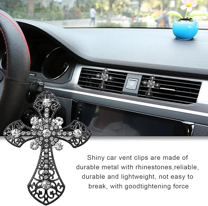2PCS Bling Car Air Vent Clip, Crystal Cross Air Conditioner Outlet Air Fresheners Vent Clips, Sparkly Bedazzled Decor Rhinestone Cross Diffuser Clip, Interior Car Accessories (Black)
