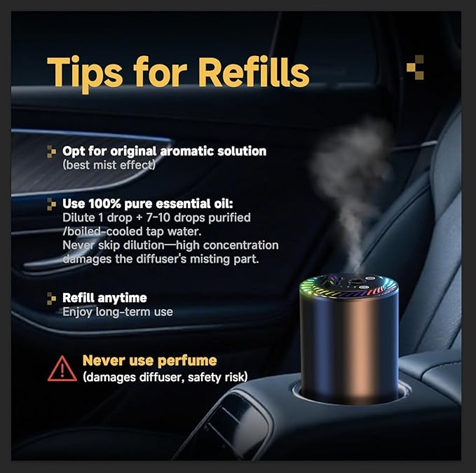 Smart Car Air Freshener with Star Light & 150ml Diffusers Oil Refills, Auto On/Off Aroma Diffuser, 3 Adjustable Modes Rechargeable Aromatizante para Carro - Car Diffuser（Cologne*3）