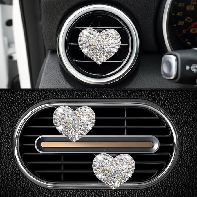4PCS Heart-Shaped Car Vent Clip with Rhinestone, Vent Clip Car Accessories, Sparkly Rhinestone Bling Diamond Freshener Holder, Air Conditioning Outlet Ornament for Women Girls (White, Style1)