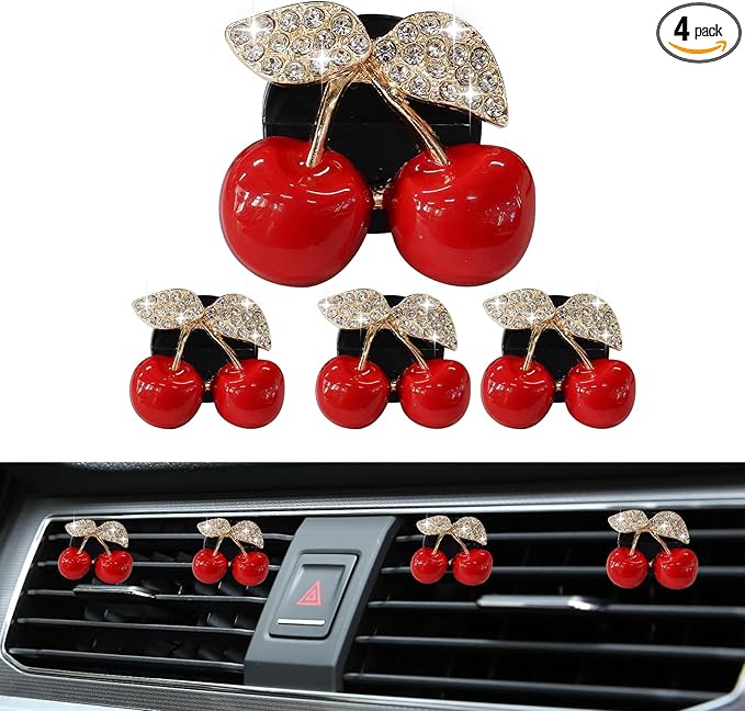 4PCS Cherry Car Air Vent Freshener Perfume Clip, Car Vent Accessories, Rhinestone Air Outlet Fragrance Perfume Clip Freshener, Auto Interior Decoration Accessories Stylish Fresheners for Women