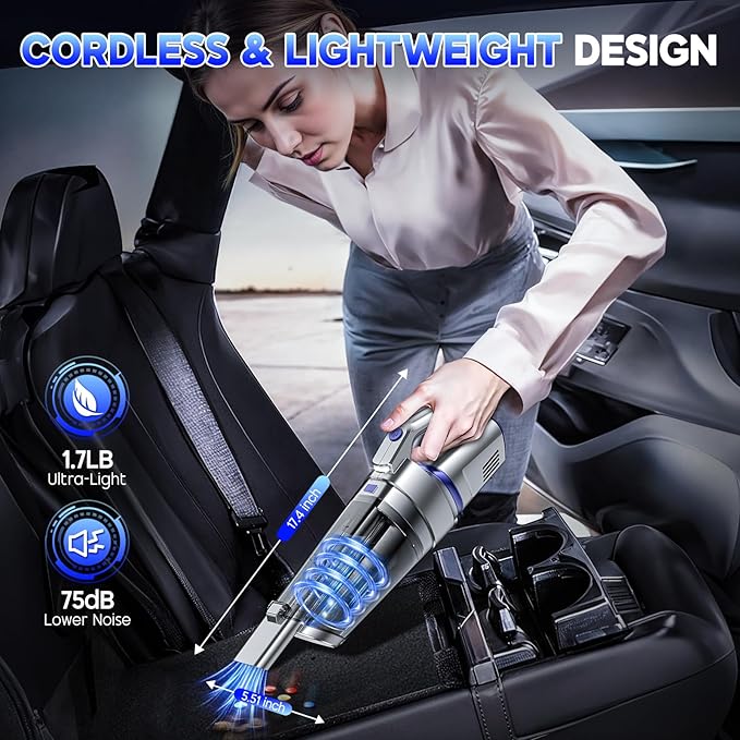 Handheld Vacuum Cordless, 16000PA Strong Suction Hand Held Car Vacuum Cleaner, Portable Hand Vacuum Rechargeable with Multi-Nozzles & LED Light for Home, Car, Office, Pets