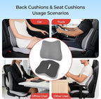 Car Seat Cushion & Lumbar Support Set, Memory Foam Seat Cushion for Long Sitting & Driving, Ideal for Truck Bus Van Drivers, Office Chair Cushion Set (Gray) (White)