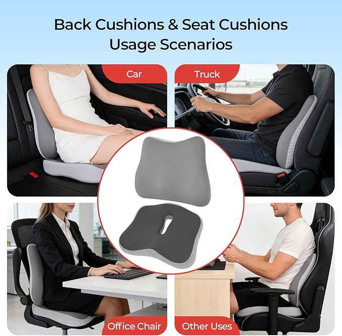 Car Seat Cushion & Lumbar Support Set, Memory Foam Seat Cushion for Long Sitting & Driving, Ideal for Truck Bus Van Drivers, Office Chair Cushion Set (Gray) (Gray)