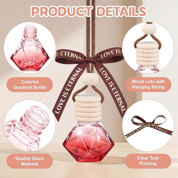 Mudder 50 Pcs Gradient Hanging Car Air Freshener Empty Clear Glass Diffuser Bottles for Essential Oils Perfume Pendant for Women Guests Wedding Favors Employee Appreciation Gifts(Rhombus,Colorful)