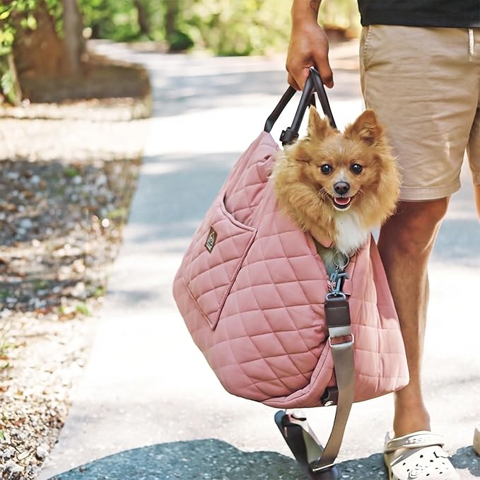 4 Cats & Dogs Mew Mew Travel Pet Bed – Soft Carrier for Small Dogs & Cats, Water-Resistant Quilted Shell, Adjustable Belts, Anti-Slip Bottom, Portable Pet Bed & Travel Bag - Rose