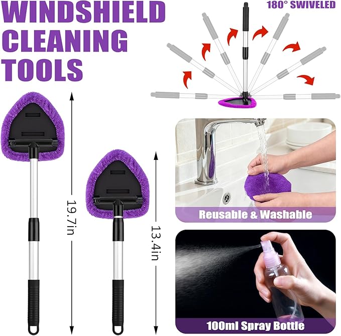 AUTODECO Windshield Cleaner Tool, 17Pcs Car Interior Detailing Kit, Detailing Brush, Towels, Duster, Car Cleaning Kit Interior for RVs, Truck, Trailer (Purple)