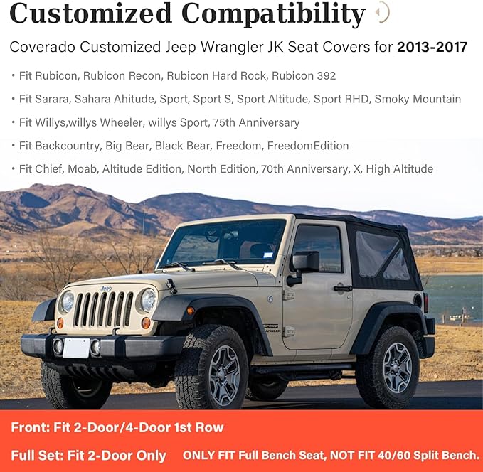 Coverado Seat Covers 4 Door Full Set for Jeep Wrangler, Waterproof Car Seat Covers for Truck Automotive Seat Covers Custom Fit for 2013-2017 Jeep Wrangler JK Seat Covers for Cars(Red)