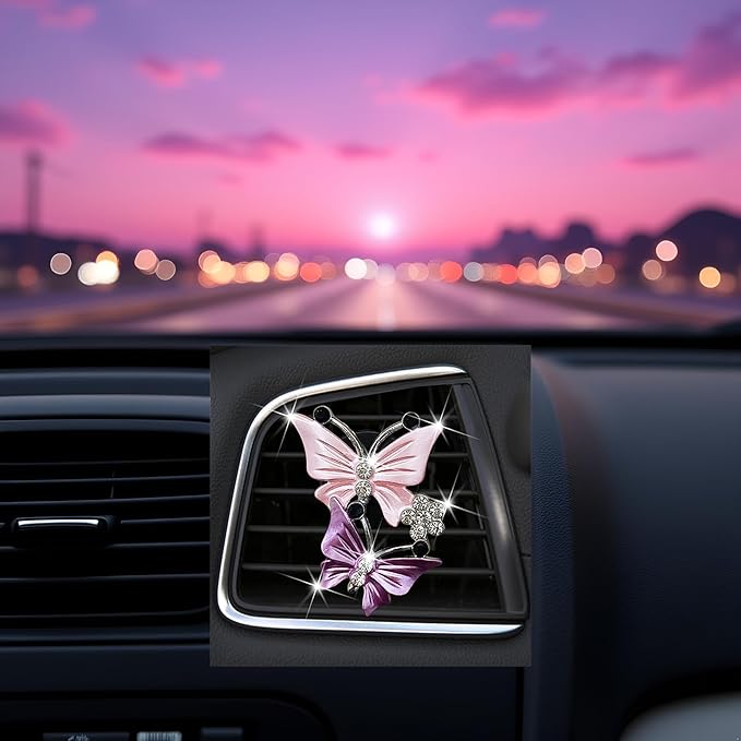Car Air Fresheners Vent Clips for Women, Cute Dual Butterfly Diamond Rhinestone Sparkly Bling Air Freshener Accessories