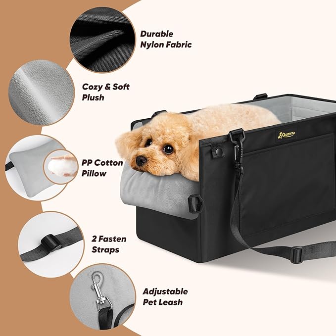 QUMY Dog Car Seats for Small Dogs Up to 11lbs, Portable Center Console Dog Booster Seat, Multi-Purpose Puppy CarSeat with Adjustable Safety Belt, Travel Pet Car Carriers for Small Dogs and Cat, Black