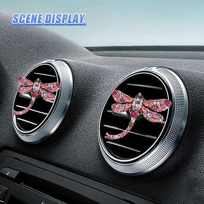 2PCS Bling Dragonfly Car Air Vent Clips, Crystal Rhinestone Car Air Conditioning Outlet Clip, Universal Cute Vehicle Interior Diffuser Decoration Accessories for Women (Pink)