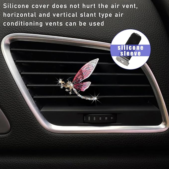 Augeny 2PCS Bling Dragonfly Air Vent Clips, Cute Crystal Car Air Fresheners Vent Clips, Rhinestone Diamond Auto Diffuser Vent Clip for Women Girls, Car Interior Decor Accessories (Rose Red)