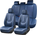 Coverado Car Seat Covers Full Set, Nappa Leather Seat Covers for Car, Waterproof Car Seat Protector with Lumbar Support, Automotive Seat Covers Universal Fit for Most Cars SUV Trucks (Blue)